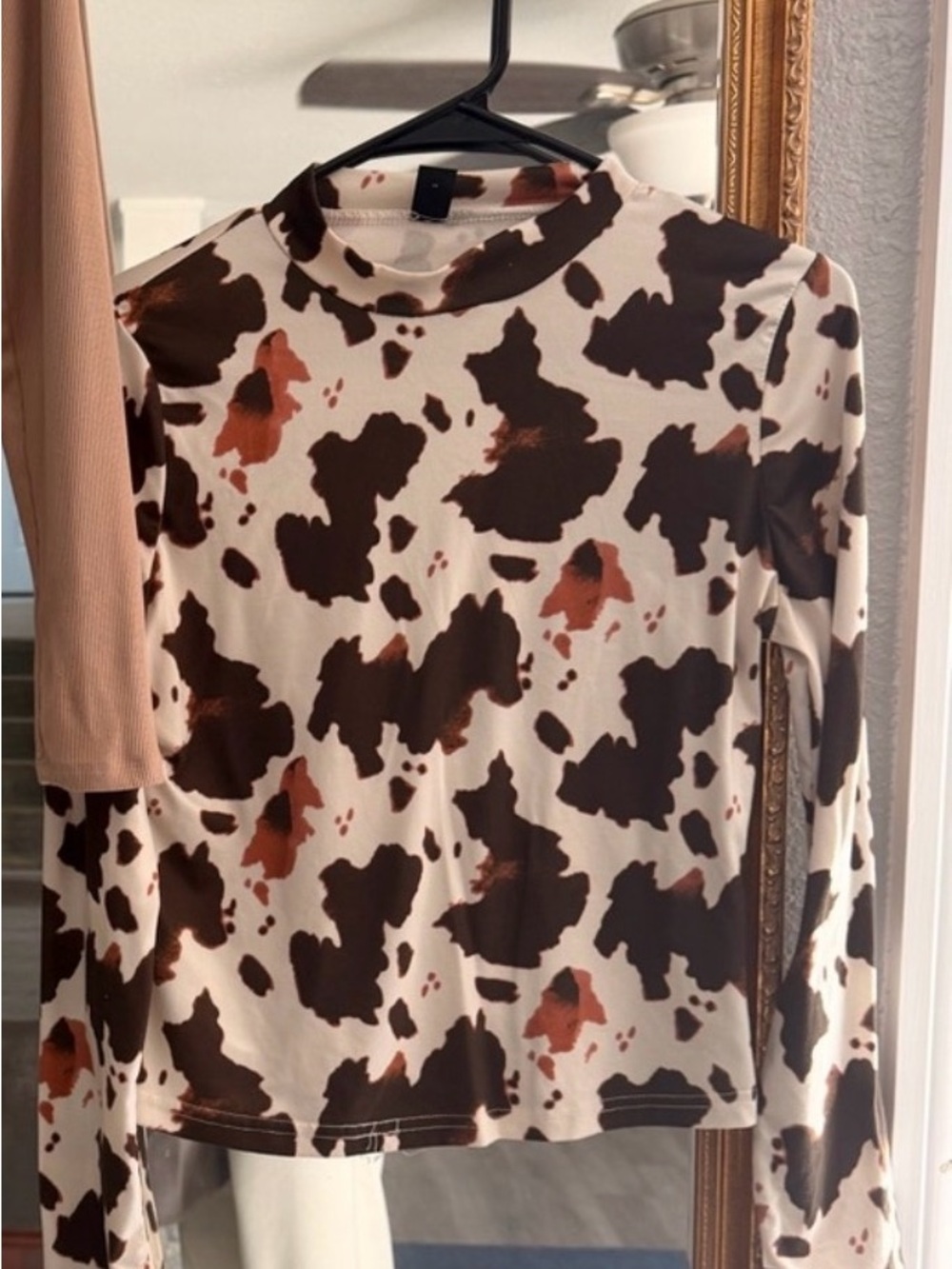 SHEIN Cream Brown Cow Print Long Sleeve Top